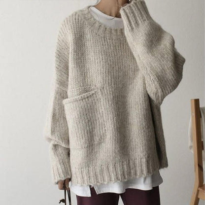 Damski Nowoczesny Akrylowy Sweter z Kieszeniami z Eleganckim Wykończeniem