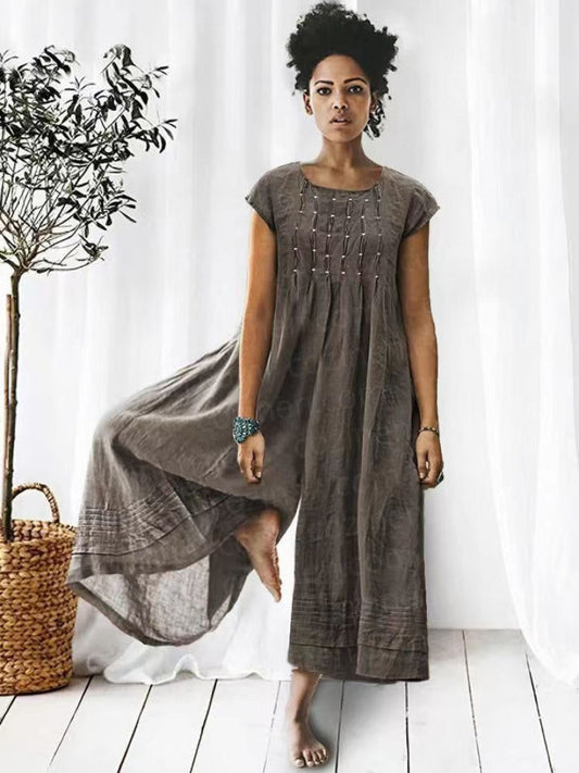 Damski Elegancki Len Jumpsuit z Plisowanymi Rękawami