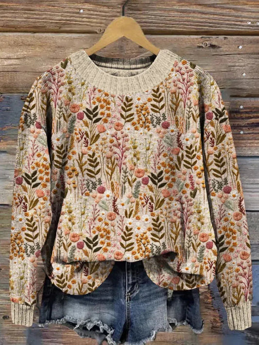 Sweter Damski Przytulny Akrylowy Sweter z Dekoracyjnym Haftem