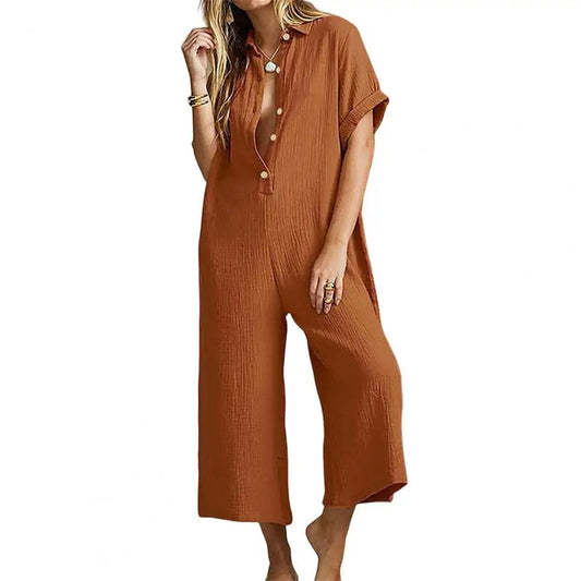 Damski Luźny Bawełniany Jumpsuit z Guzikami
