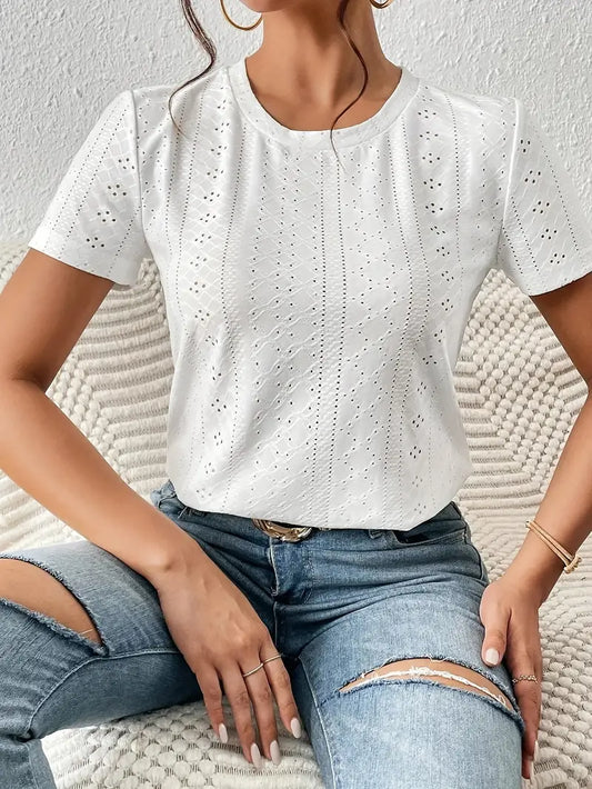 T Shirt Damski Luźny Bawełna z Okrągłym Dekoltem i Subtelnymi Oczkami