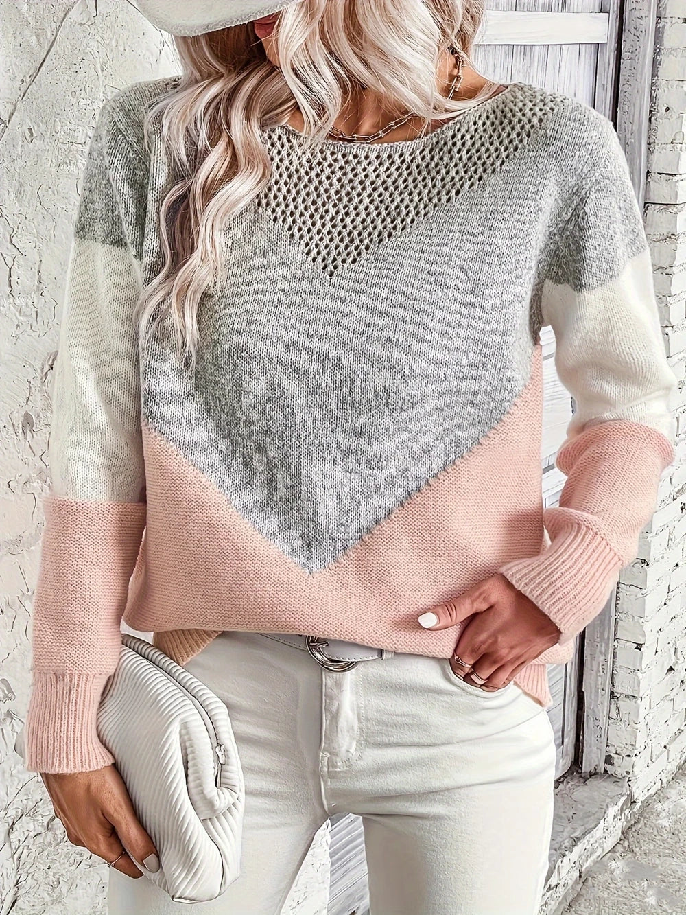 Kobiecy Elegancki Sweter Damski z Długim Rękawem z Otworami