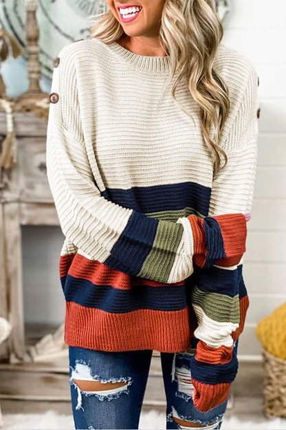 Damski Stylowy Akrylowy Sweter z Wzorem w Paski z Akcentem na Ramionach