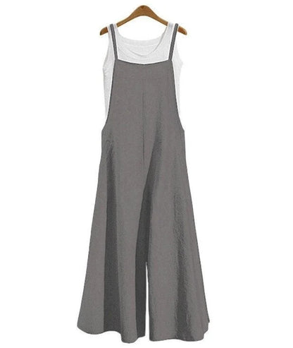 Damski Luźny Bawełniany Jumpsuit z Regulowanymi Ramiączkami i Bocznych Kieszeniami