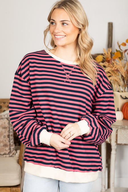 Variant image for Damski Stylowy Oversized Sweter z Paskami i Kontrastowymi Krawędziami-6