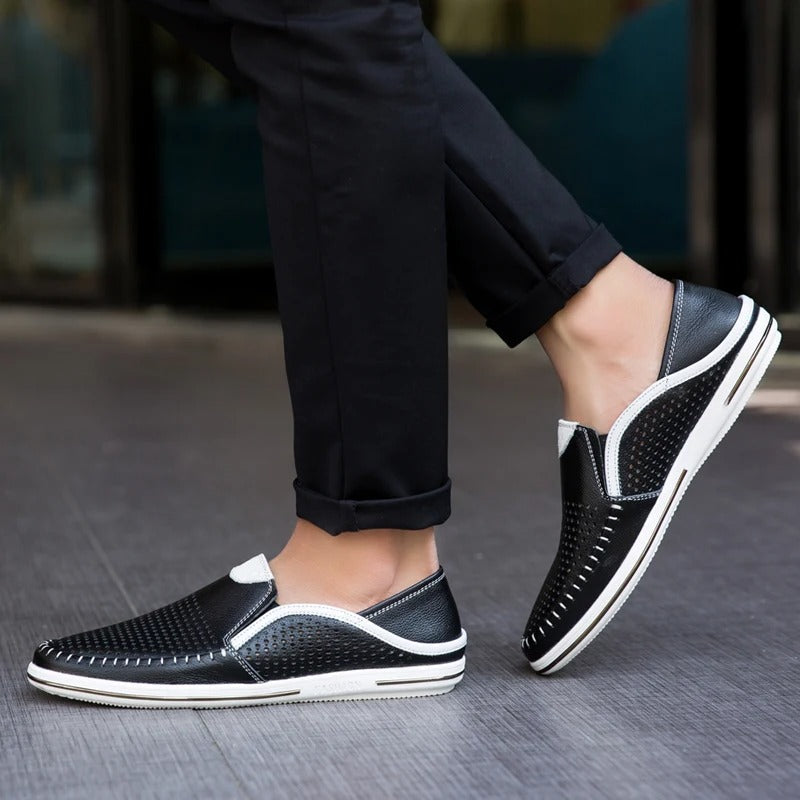 Męskie Stylowe Skórzane Loafersy z Oddychającym Wzorem
