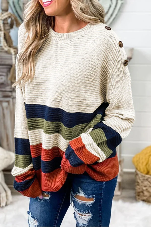 Damski Stylowy Akrylowy Sweter z Wzorem w Paski z Akcentem na Ramionach