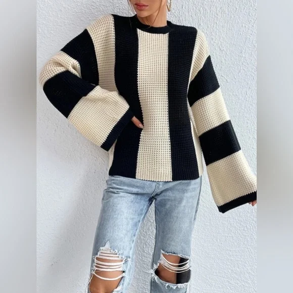Damski Stylowy Wełniany Sweter z Normalnym Kołnierzem i Wzorem w Paski