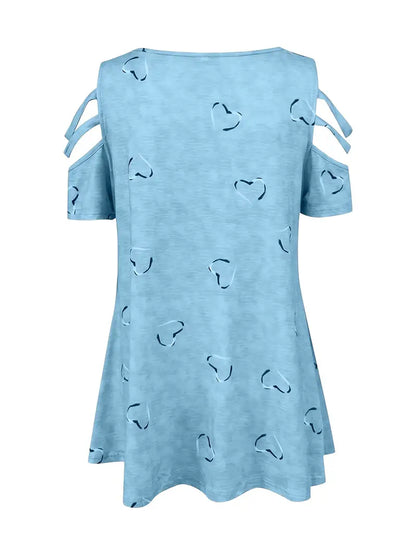 Kobiecy Wygodny Bawełniany T-Shirt Damski z Wzorem Serca i Dekoltem w Serek