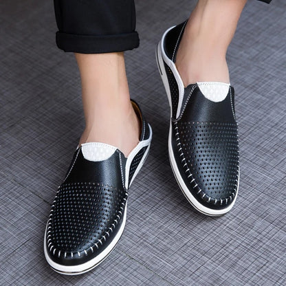 Męskie Stylowe Skórzane Loafersy z Oddychającym Wzorem