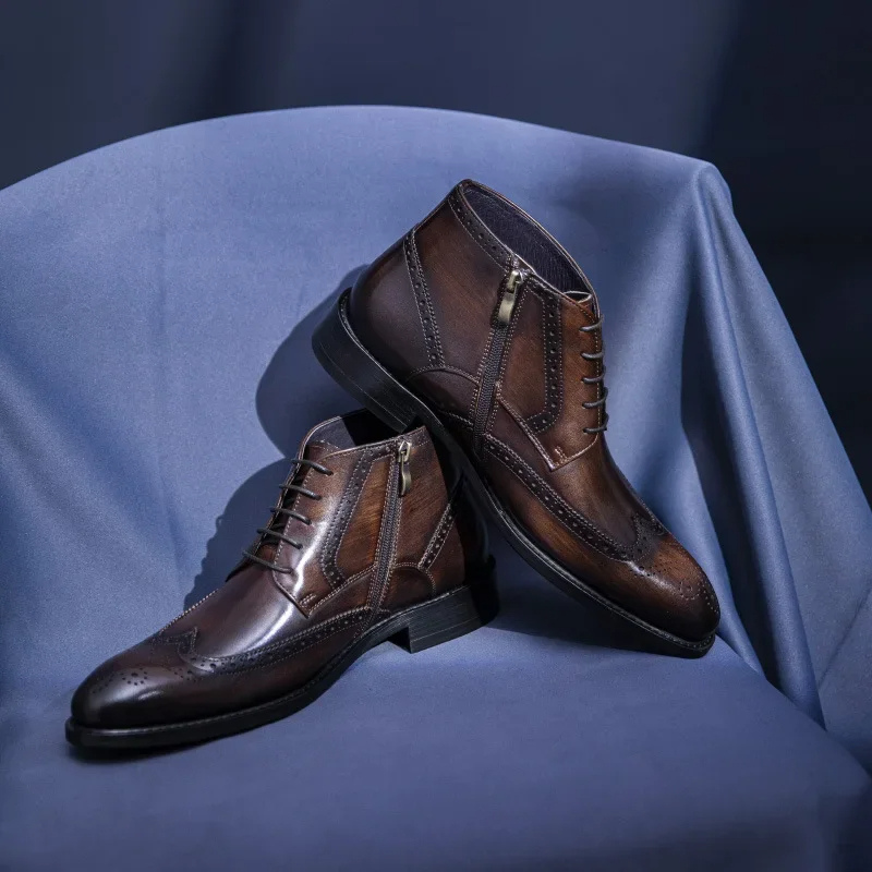 Męskie Eleganckie Skórzane Botki z Zapięciem na Zamek i Klasycznymi Detalami Brogue