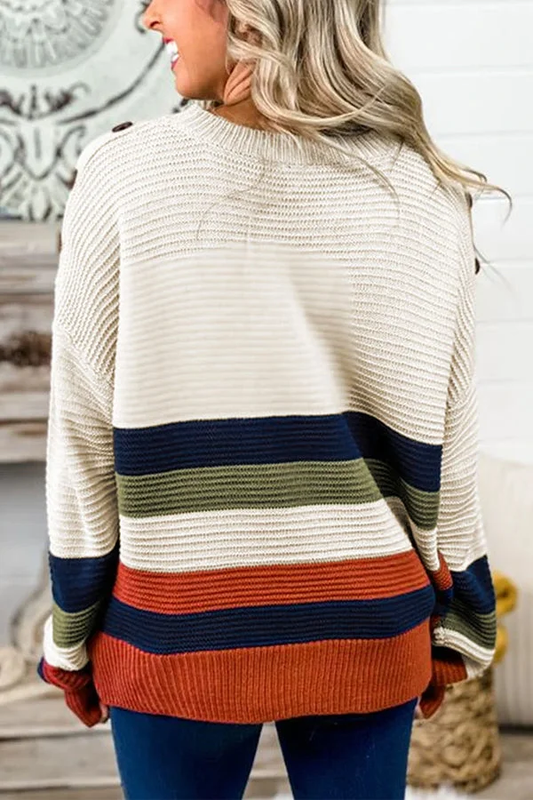Damski Stylowy Akrylowy Sweter z Wzorem w Paski z Akcentem na Ramionach