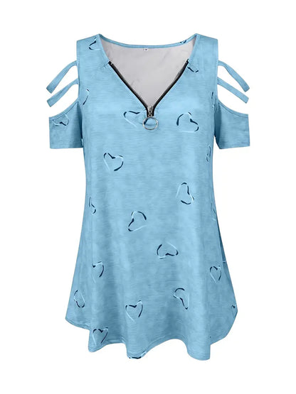 Kobiecy Wygodny Bawełniany T-Shirt Damski z Wzorem Serca i Dekoltem w Serek