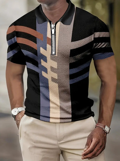 Stylowy Dopasowany Polar T-Shirt W Geometryczny Wzór Z Zamkiem Męski | Idealne na lato