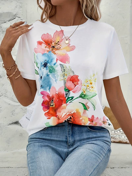 T Shirt Damski Elegancki Bawełna z Kwiatowym Nadrukiem i Okrągłym Dekoltem