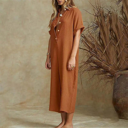 Damski Luźny Bawełniany Jumpsuit z Guzikami