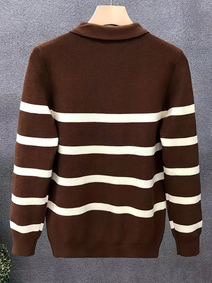 Męski Stylowy Akrylowy Sweter z Półzamkiem w Paski
