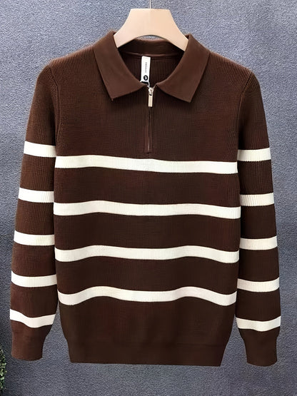 Męski Stylowy Akrylowy Sweter z Półzamkiem w Paski
