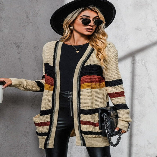 Męski Stylowy Bawełniany Sweter z Kołnierzem w Serek z Wzorem w Paski