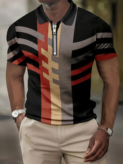 Stylowy Dopasowany Polar T-Shirt W Geometryczny Wzór Z Zamkiem Męski | Idealne na lato
