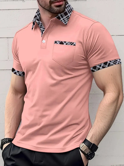 Męski Stylowy Bawełniany Golfshirt z Kraciastym Kołnierzem
