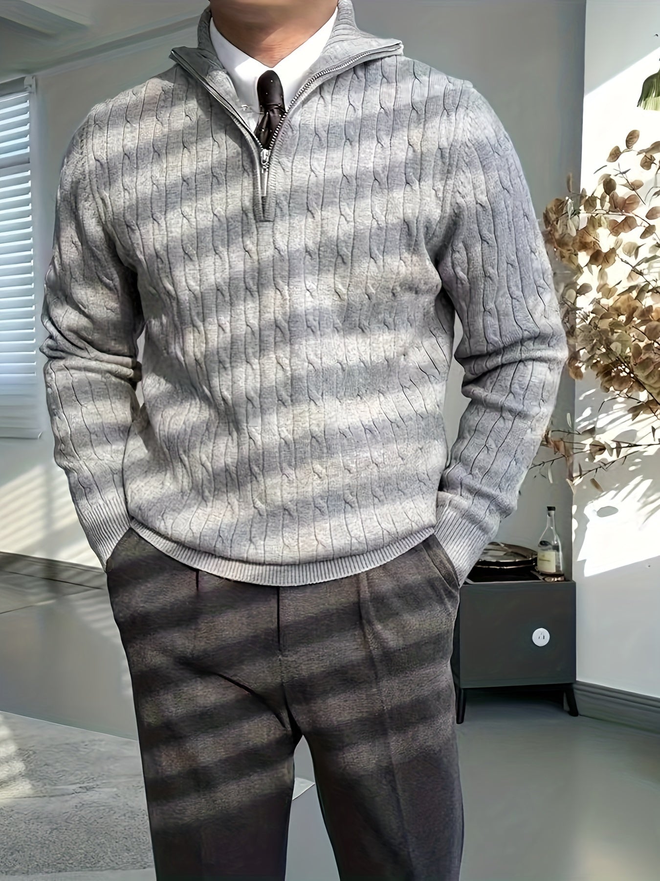 Variant image for Męski Casualowy Dzianinowy Sweter z Krawatem i Półzamkiem-7