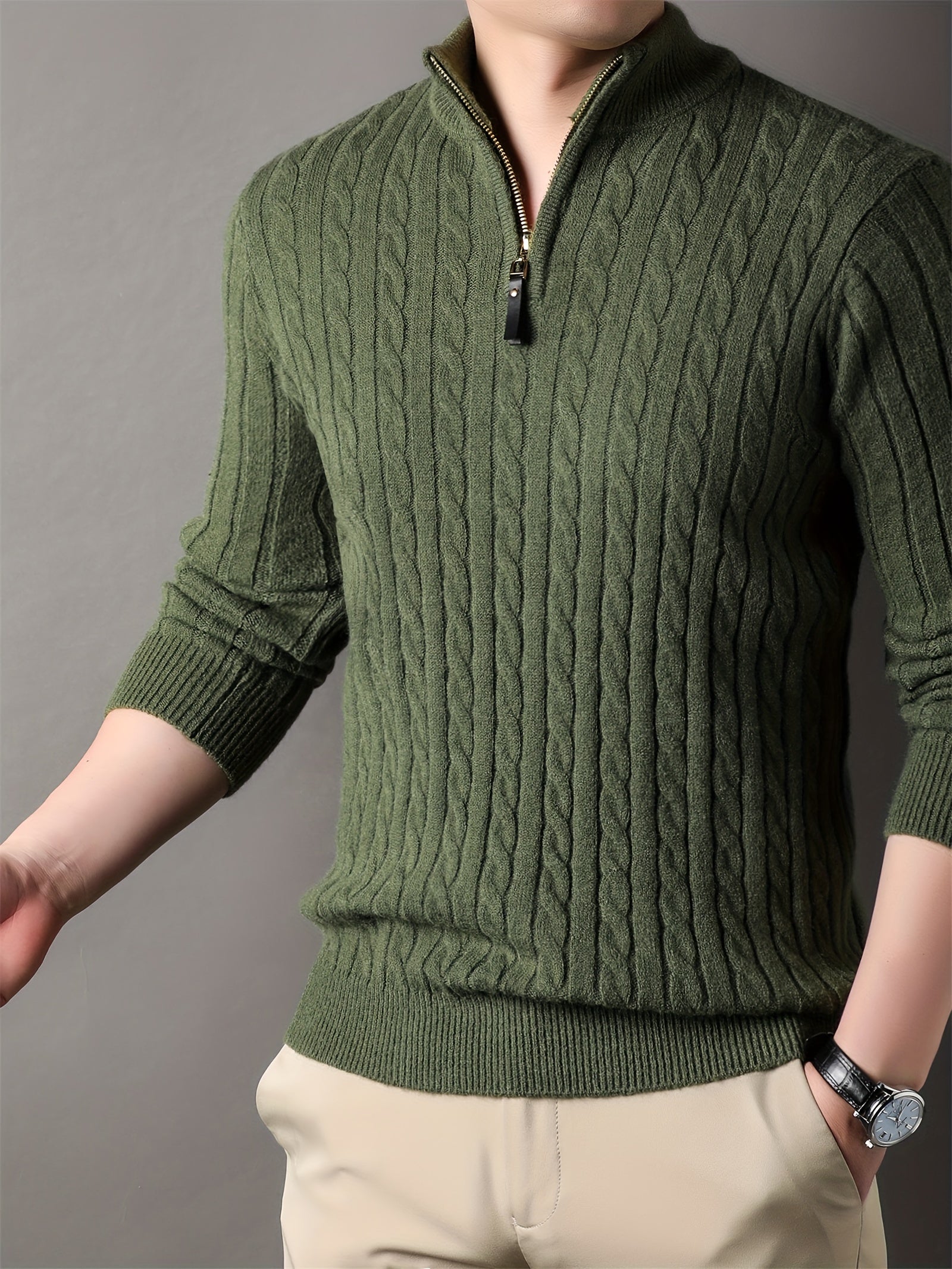Variant image for Męski Casual Bawełniany Sweter z Półzamkiem i Wzorem Pasków-7