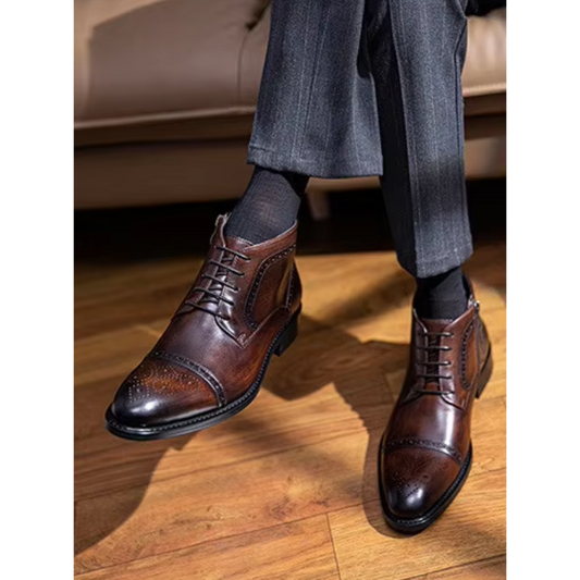 Męskie Eleganckie Skórzane Botki z Zapięciem na Zamek i Klasycznymi Detalami Brogue
