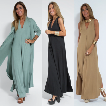 Kobieta Elegancka Długa Sukienka z Kardiganem z Wysokiej Jakości Materiałów z Flattering Sylwetką