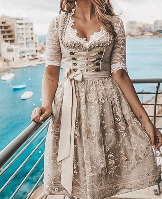 Kobieta Elegancka Poliester Dirndl z Koronkowym Gorsetem