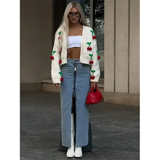 Damskie Stylowe Wdzianko z Aplikacjami Wiśniowymi i Cropped Pasformą