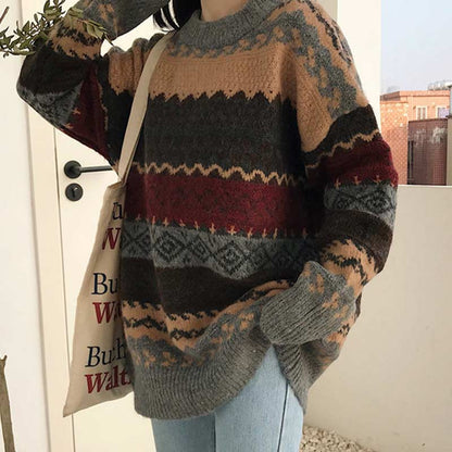 Damski Wygodny Polyester Sweter z Długim Rękawem w Stylu Vintage
