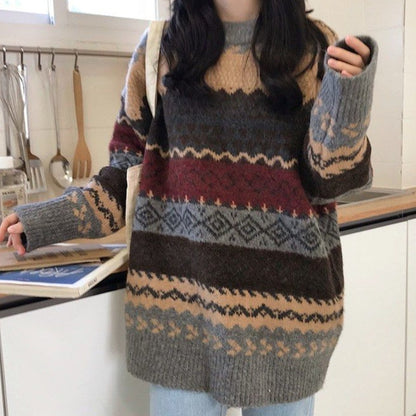 Damski Wygodny Polyester Sweter z Długim Rękawem w Stylu Vintage