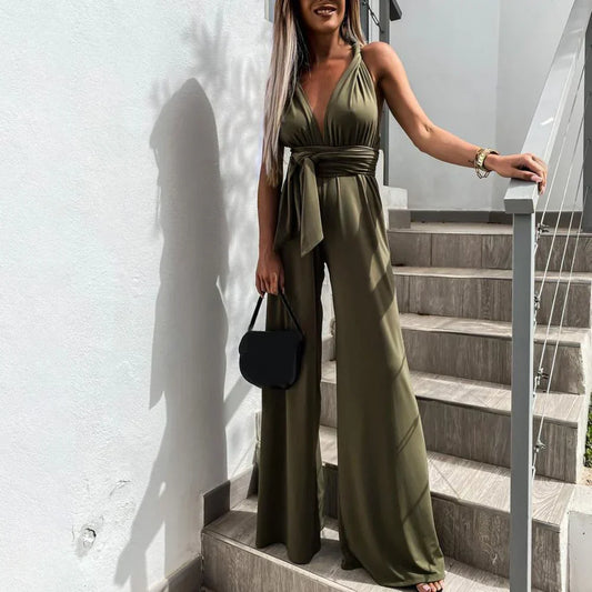 Damski Lekki Jumpsuit z Szerokimi Nogawkami i Wbudowanym Paseczkiem