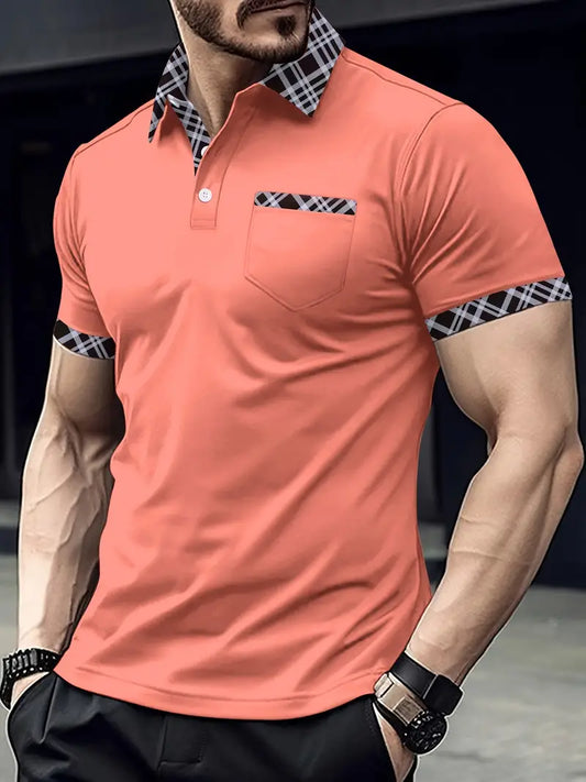 Męski Stylowy Bawełniany Golfshirt z Kraciastym Kołnierzem