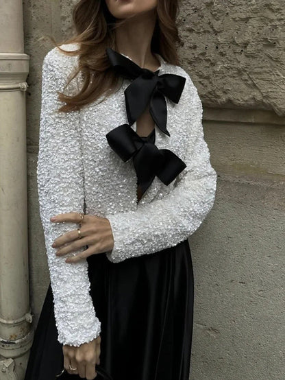 Damski Elegancki Polyesterowy Krótki Blazer z Paillettes i Zawiązaniami
