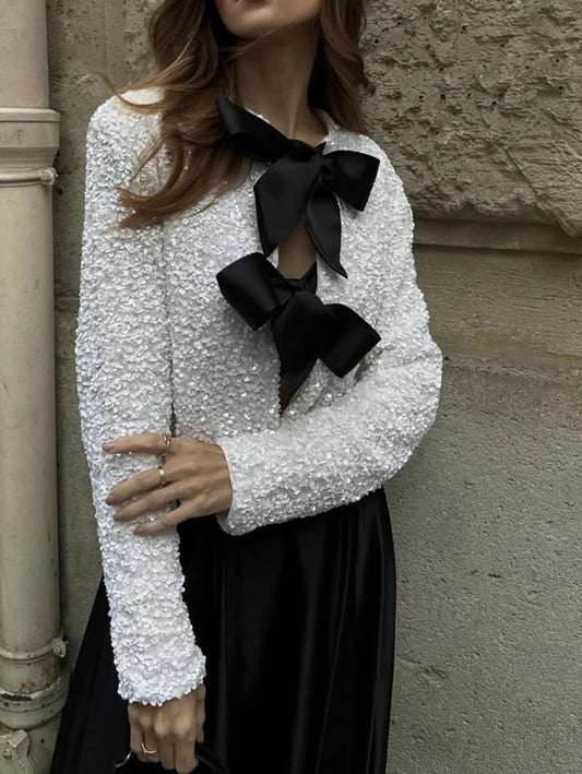 Damski Elegancki Polyesterowy Krótki Blazer z Paillettes i Zawiązaniami