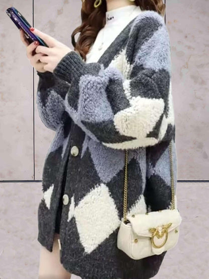 Sweter Damski Elegancki Dzianinowy Kardigan z Dekoltem w Kształcie V i Zapięciem na Guziki