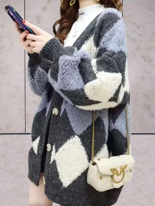 Sweter Damski Elegancki Dzianinowy Kardigan z Dekoltem w Kształcie V i Zapięciem na Guziki