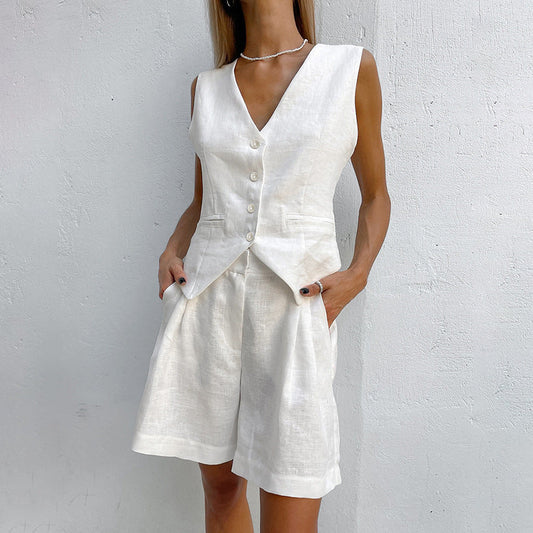 Kobiety Elegancki Katoń-Linen Gilet z Refined Fit