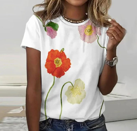 T Shirt Damski Stylowy Bawełna z Wzorem Kwiatów Maków