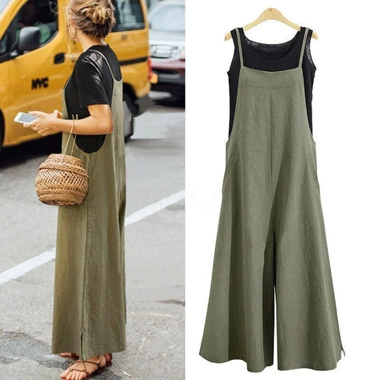 Damski Luźny Bawełniany Jumpsuit z Regulowanymi Ramiączkami i Bocznych Kieszeniami