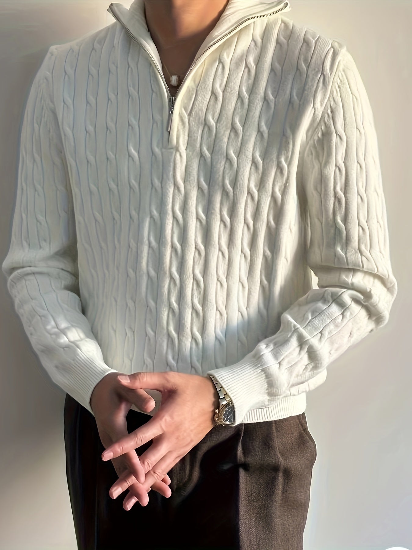 Męski Casualowy Dzianinowy Sweter z Krawatem i Półzamkiem
