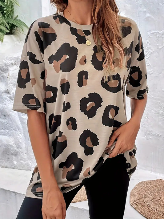 T Shirt Damski Modny Bawełna z Nadrukiem w Panterkę z Okrągłym Dekoltem