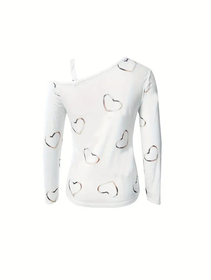 Damski Casual T-Shirt Bawełna z Długim Rękawem i Wzorem Serca