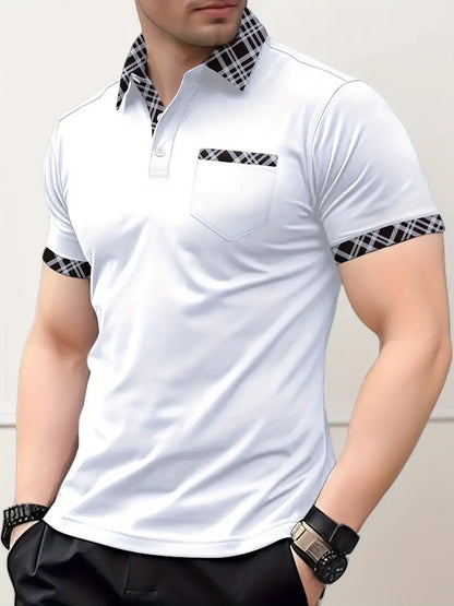Męski Stylowy Bawełniany Golfshirt z Kraciastym Kołnierzem
