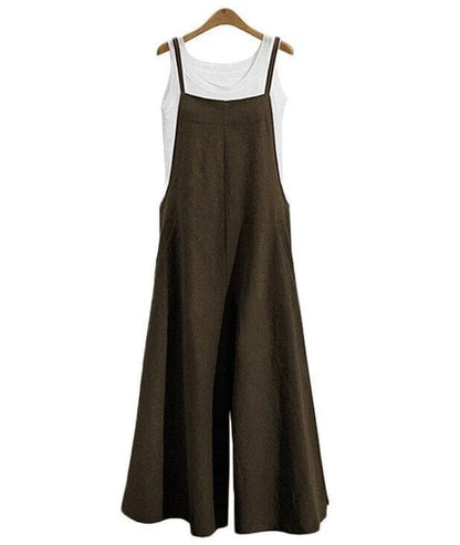 Damski Luźny Bawełniany Jumpsuit z Regulowanymi Ramiączkami i Bocznych Kieszeniami