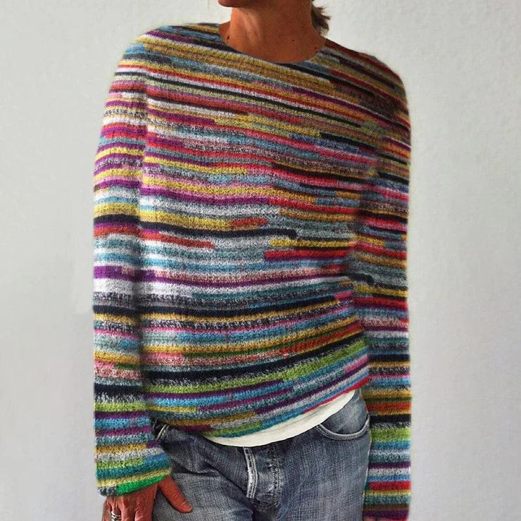 Damski Sweter w Paski z Długim Rękawem