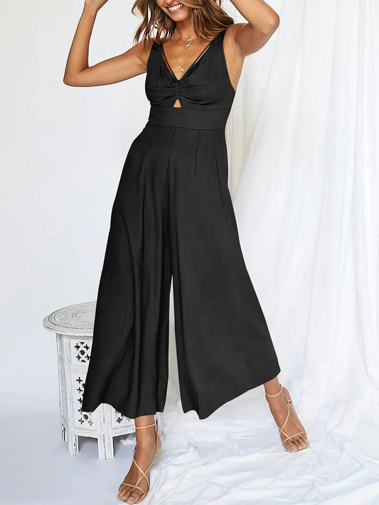 Kobieta Elegancka Tkanina Jumpsuit z V-hals i Wysokim Stanem
