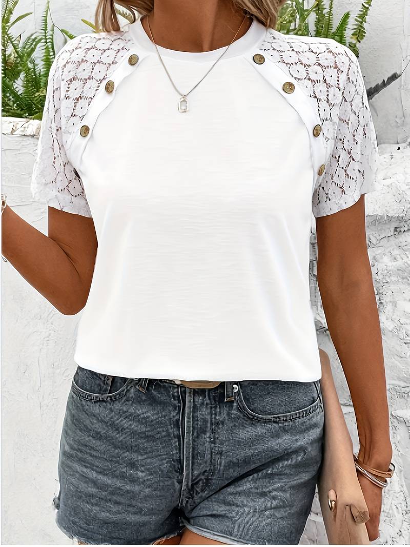 Damski Elegancki T Shirt Bawełna z Okrągłym Dekoltem i Krótkim Rękawem
